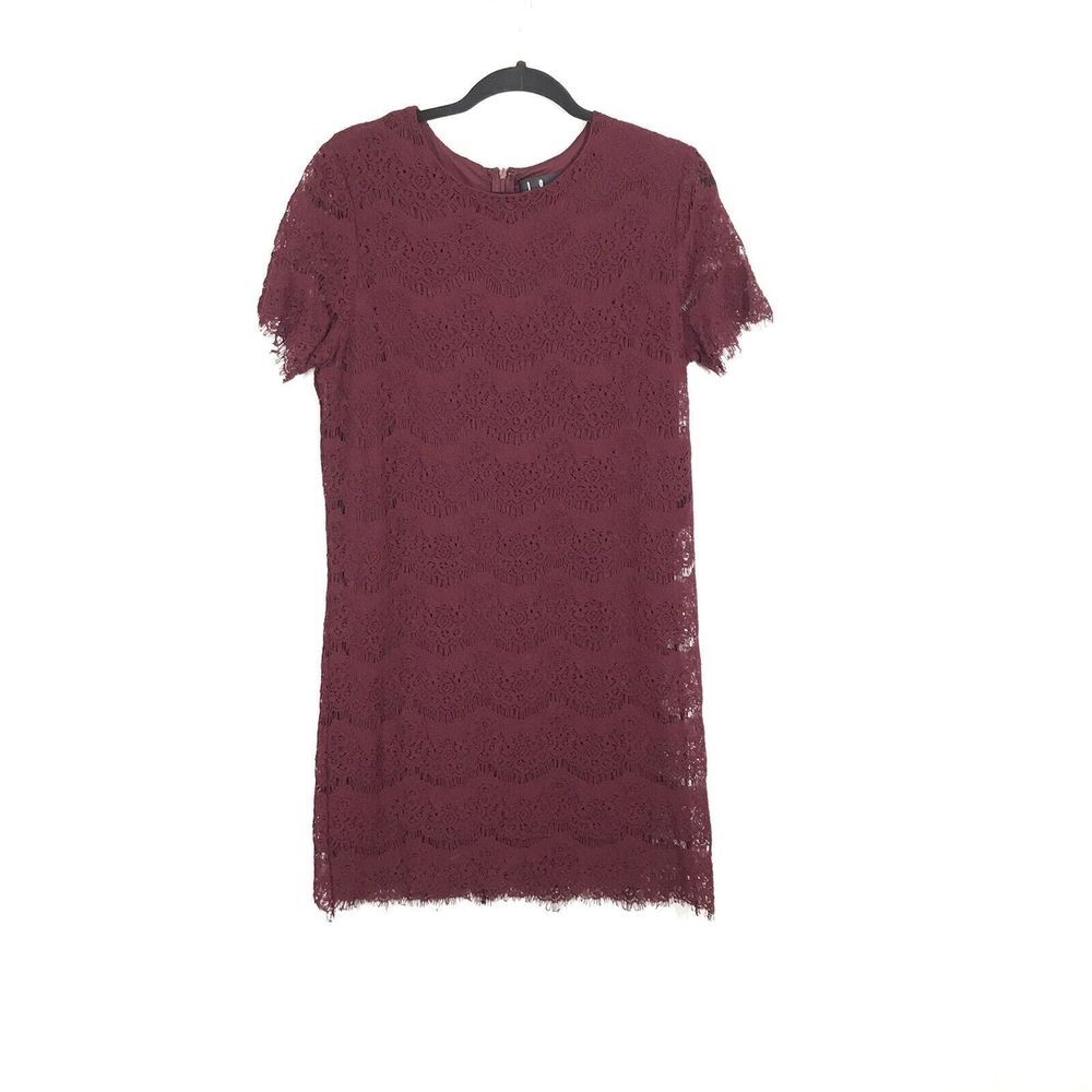 Lulus Womens Burgundy Mini Shift Dress Size Large Take Me To Bruch Lace Overlay